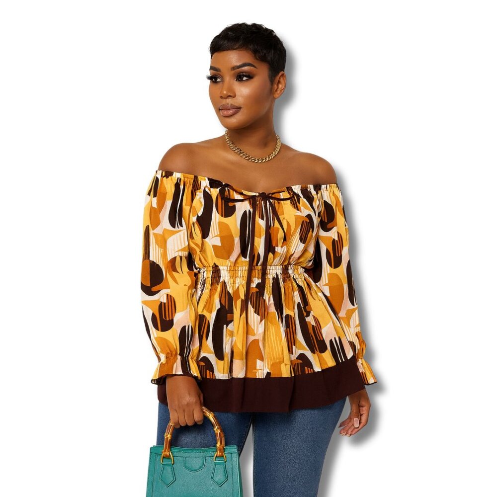 Lane Bryant Venezia Boho Peasant Top Long Sleeve Abstract Print Blouse